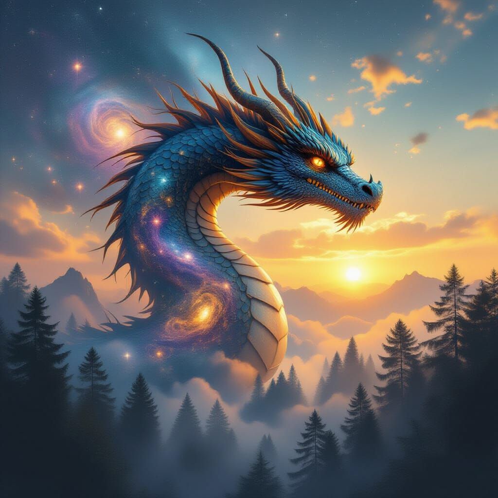 Surreal Dragon Double Exposure in Starry Night Sky