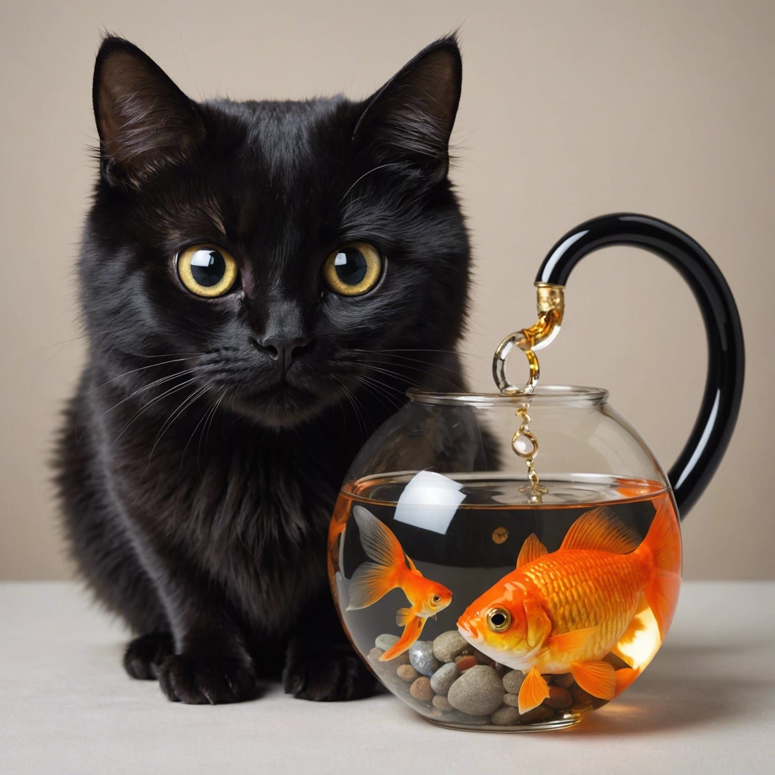 Black Cat with Goldfish Bowl