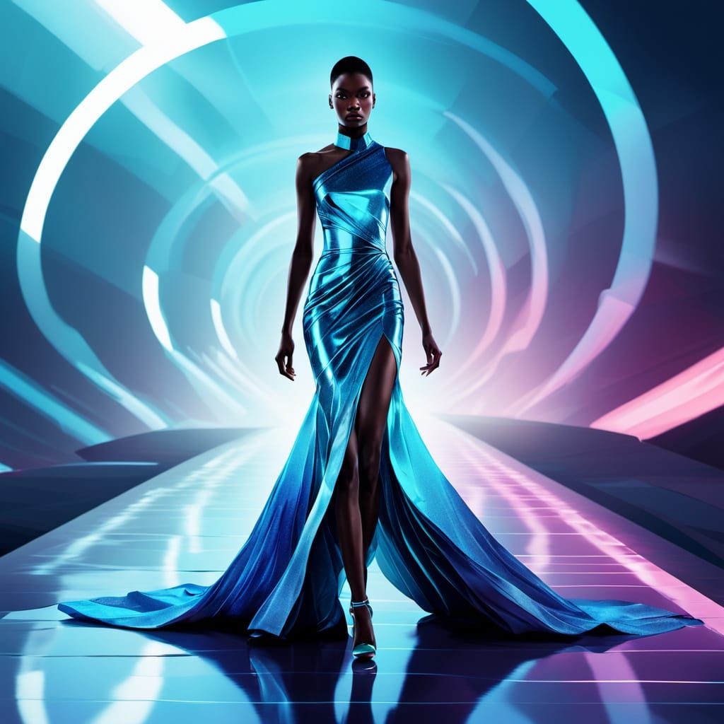 Sleek Bioluminescent Fashion Model Strides Down Futuristic C...