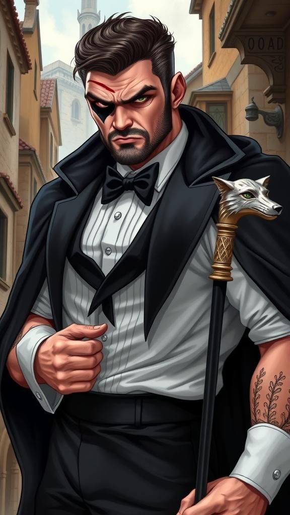 Angry Man in Tuxedo with Wolf Cane