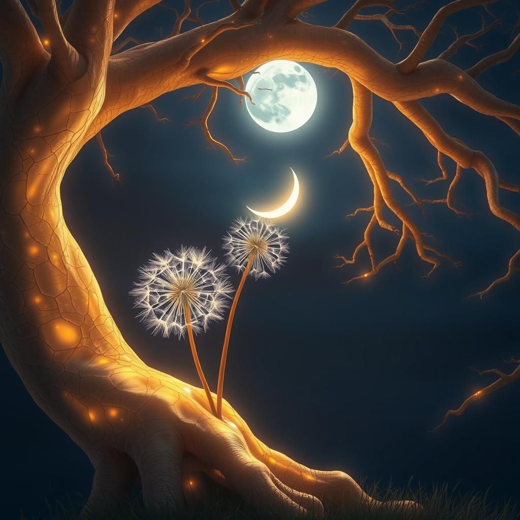 Ethereal Giant Tree Holds Dandelion in 3D Anime Style