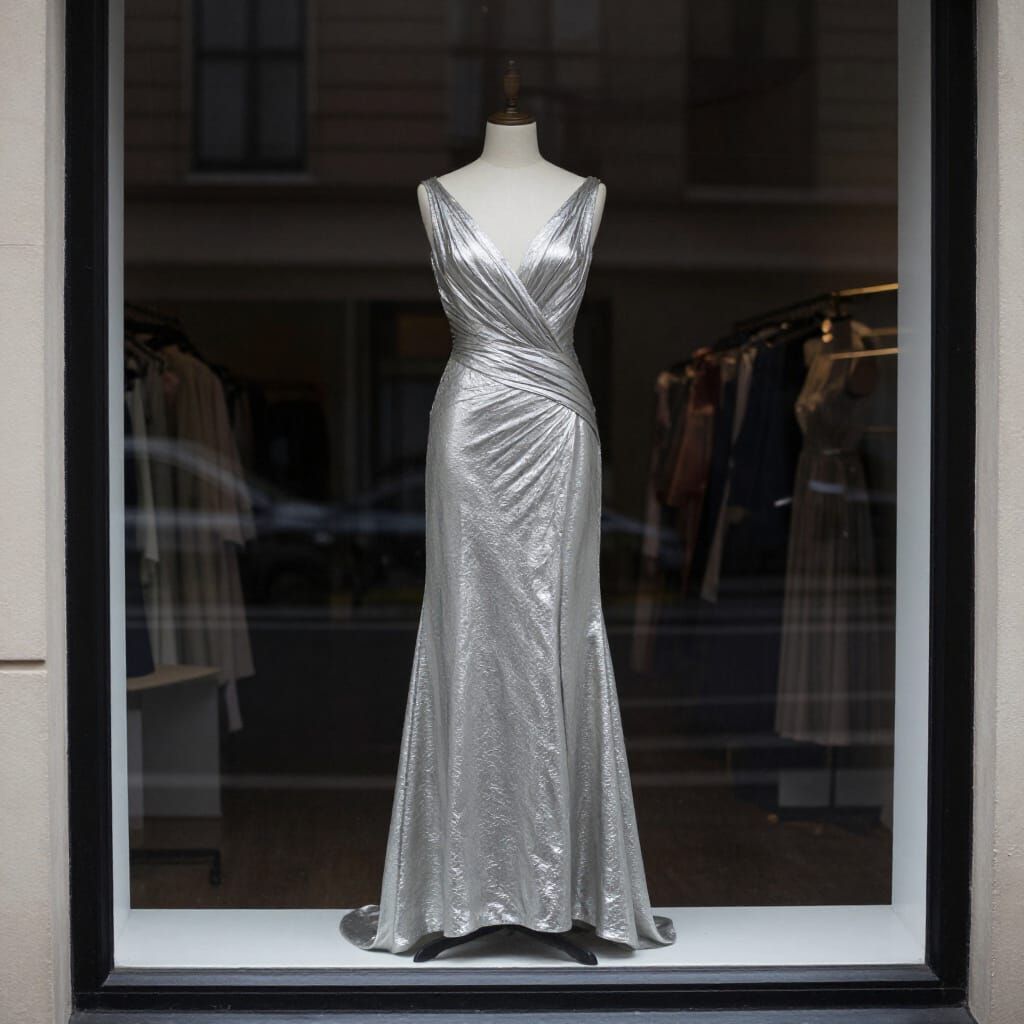 Elegant Silver Gelatin Gown Displayed in Window