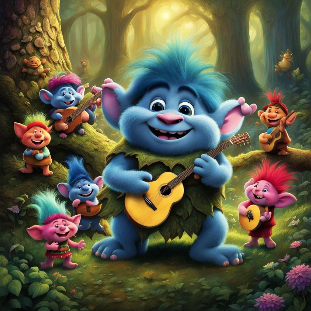 Happy Trolls Dancing in a Colorful Forest