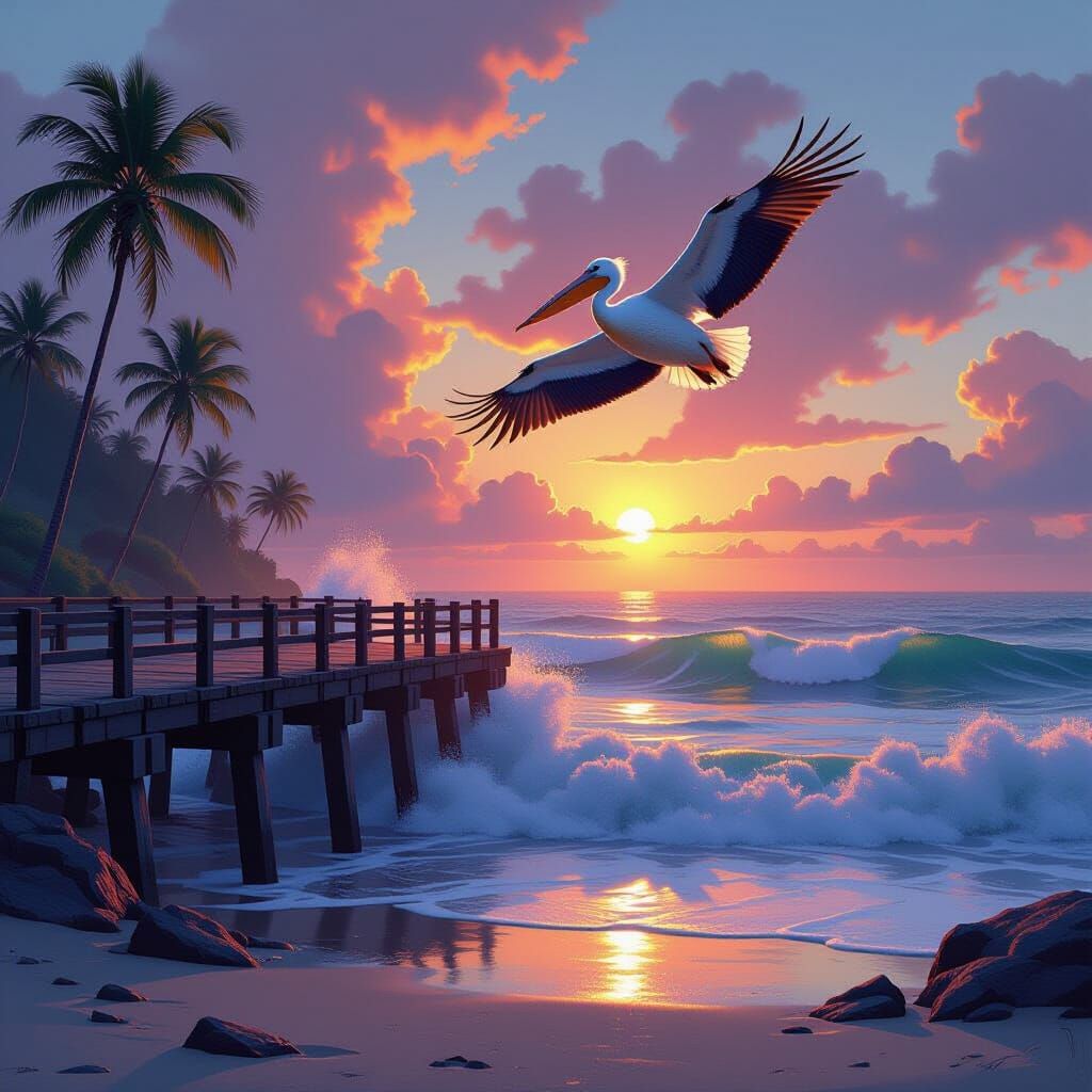 Mystic Pier at Dawn with Soaring Pelican