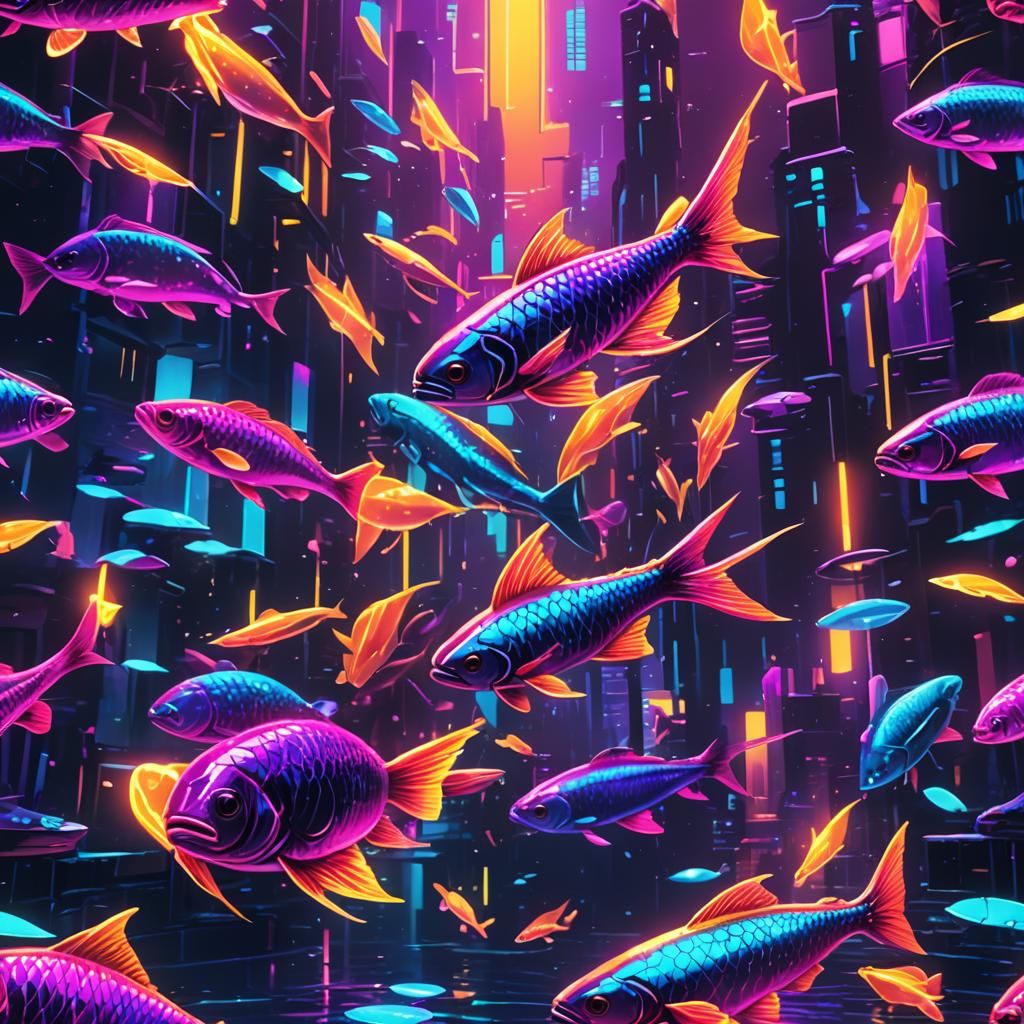 Iridescent Fish in Neon Cityscape: Synthwave Dream