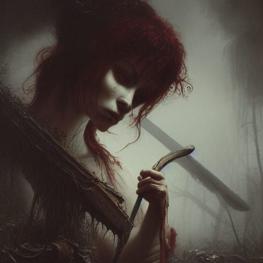 Horror Brunette with Axe in Dark Fantasy Style