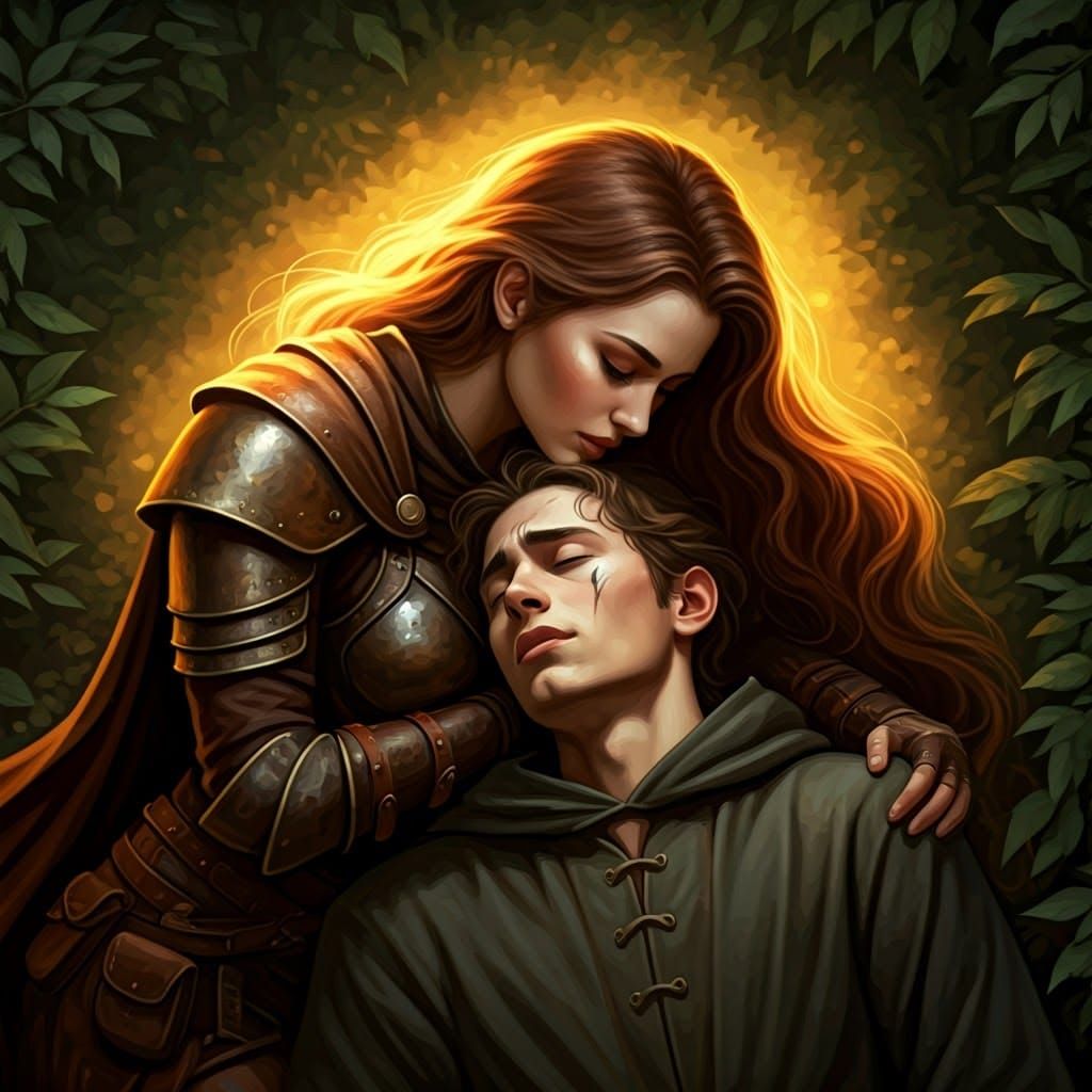 Warrior Woman Comforts Wizard in Emerald Forest