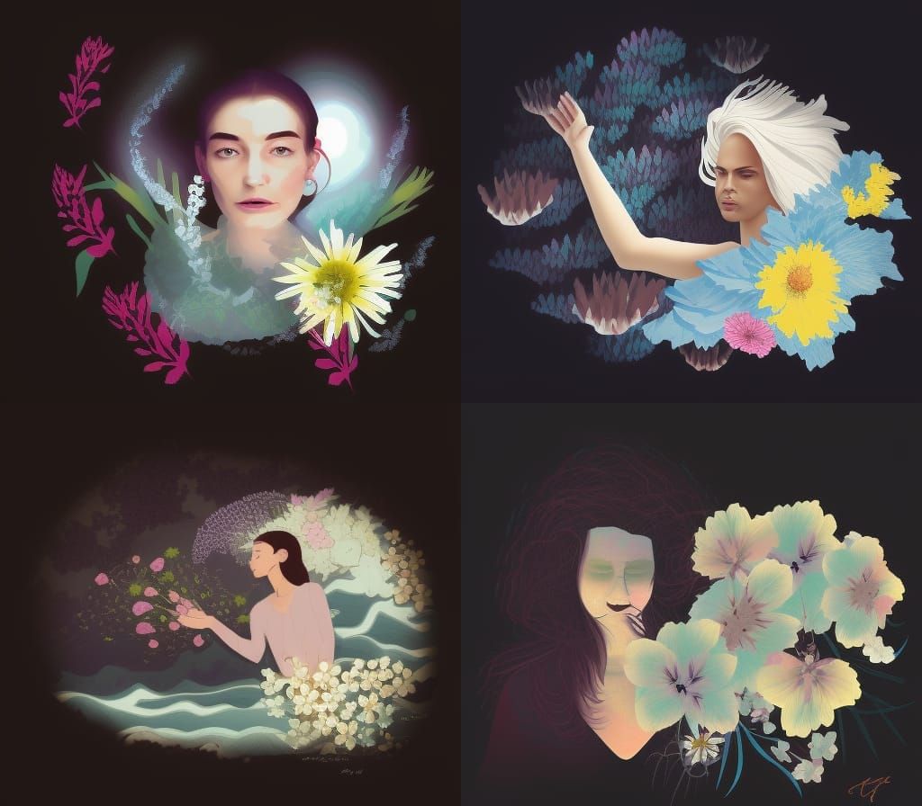 Woman Surrounded by Waves and Flowers