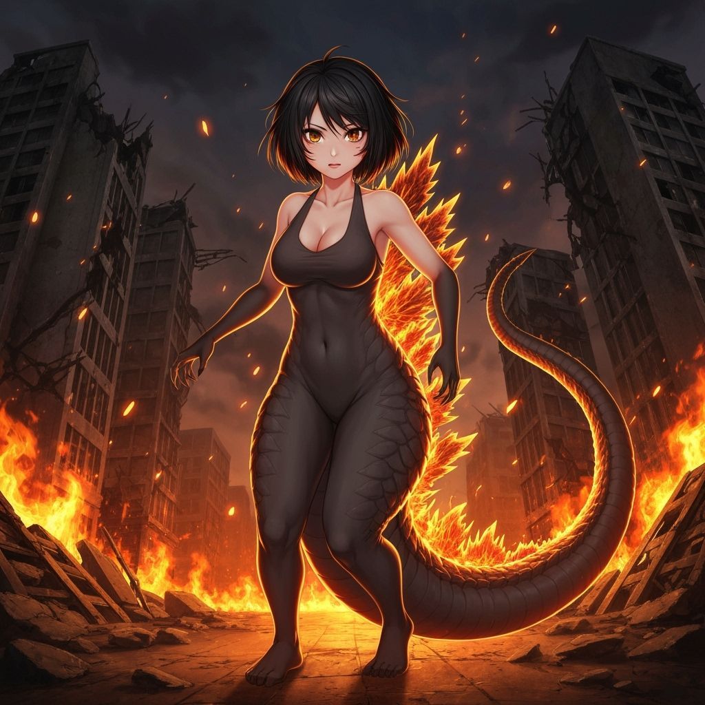 Anime Godzilla Woman Hybrid in Fiery Cityscape