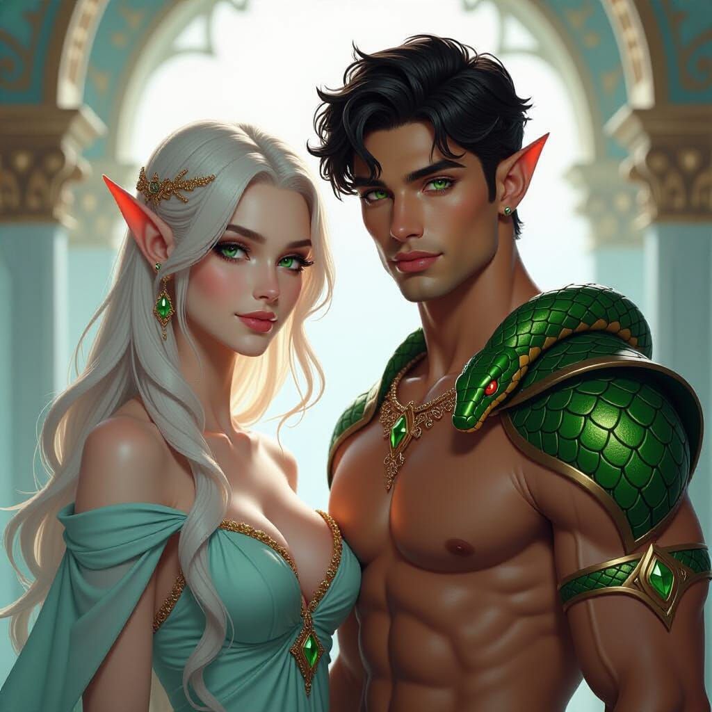 Elf and Naga King Portrait in Fantasy Realism