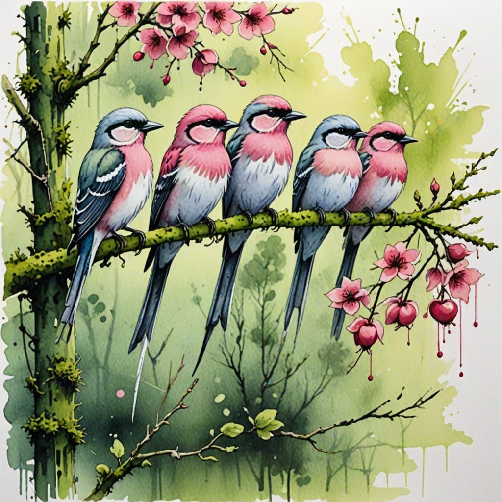 Birds Perched on Apple Tree Branch in Vibrant Watercolour