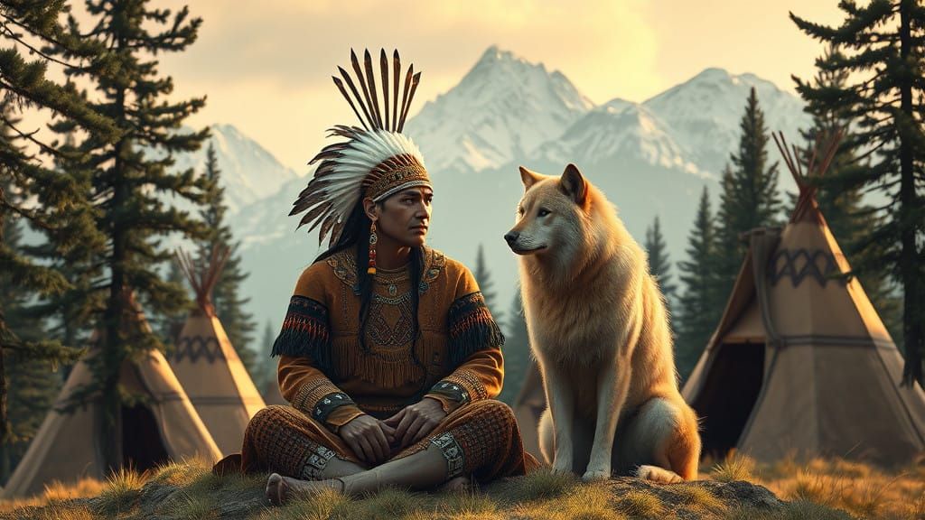 Native American Chieftain in Peaceful Contemplation with Gol...