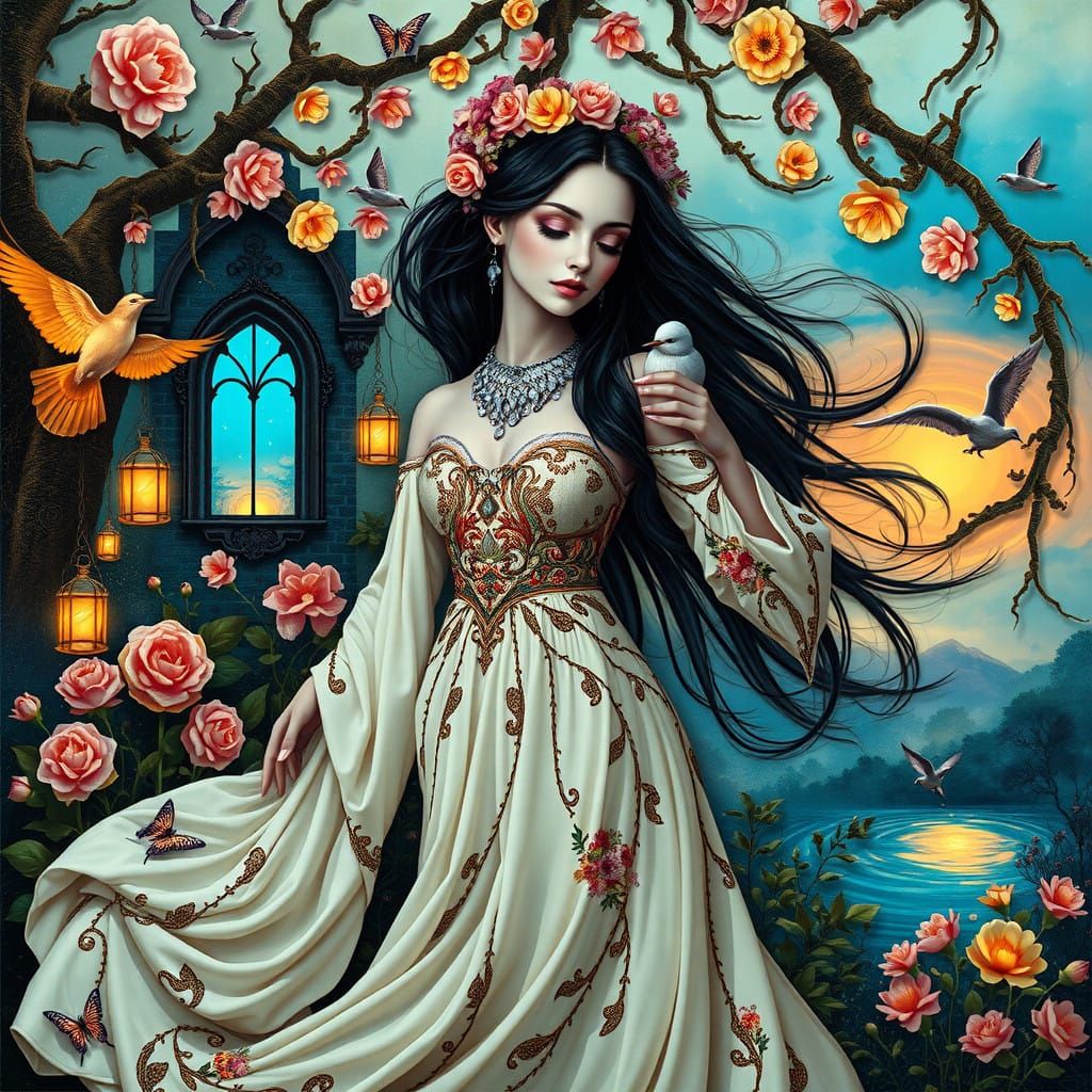 Surrealist Goddess Dances with Vines and Flowers in a Dreaml...