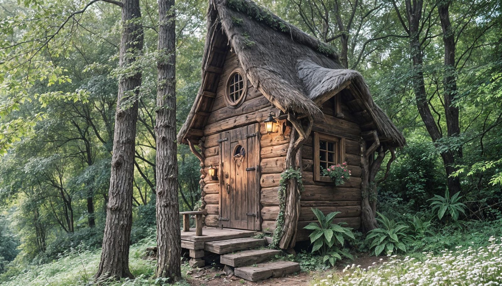 Whimsical Elven Cabin in a Misty Forest