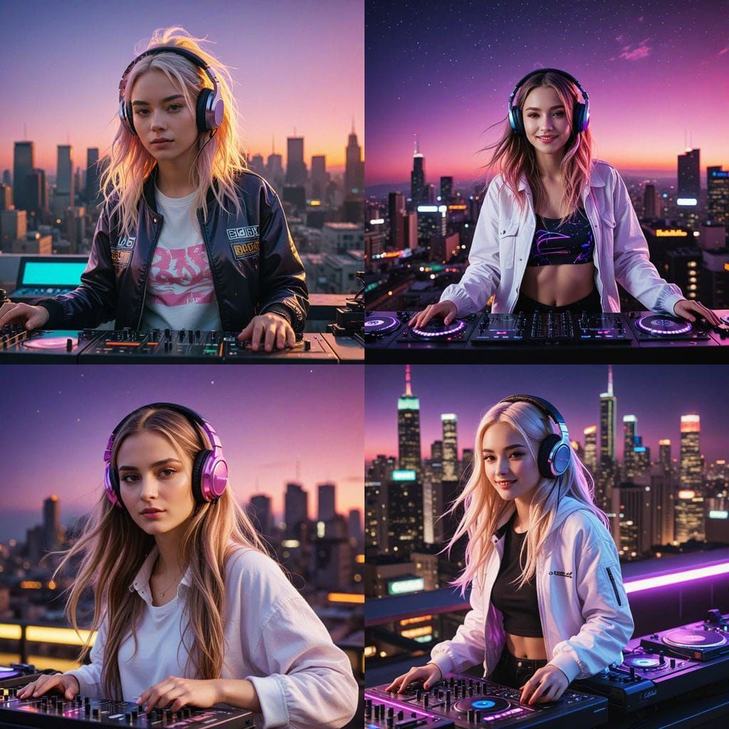Vibrant DJ Girl in Neon Lights, Under a Starry Night Sky