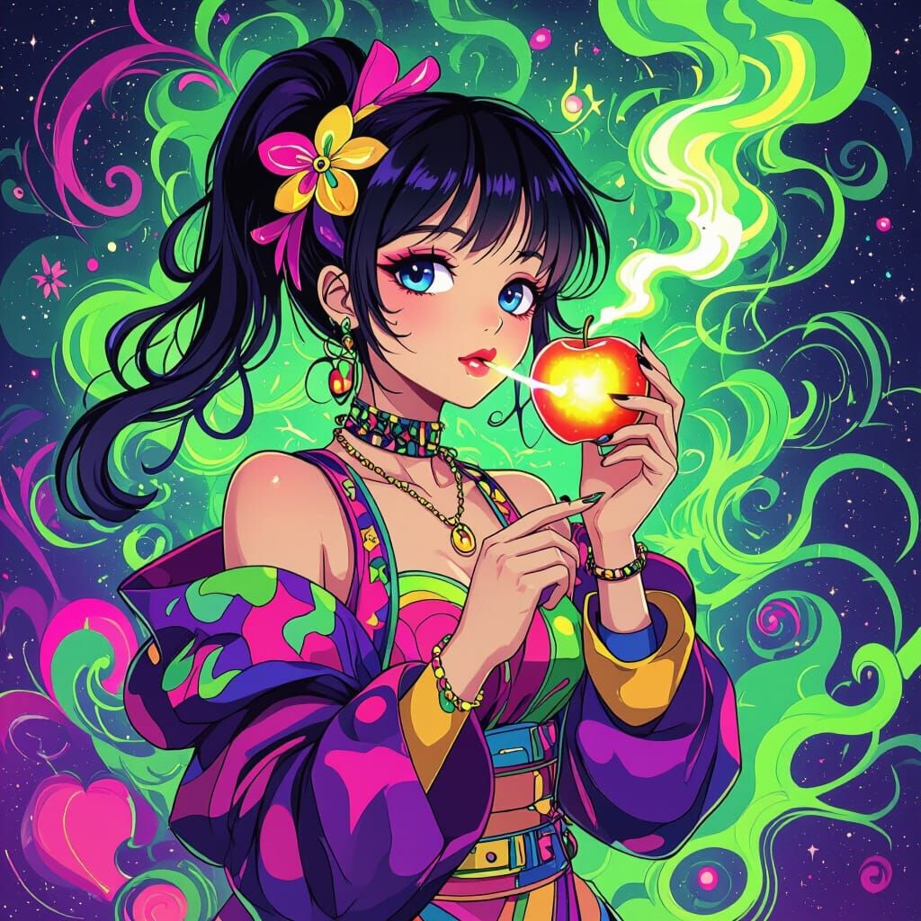 Anime Character Smoking a Glowing Apple in Pop Art Style