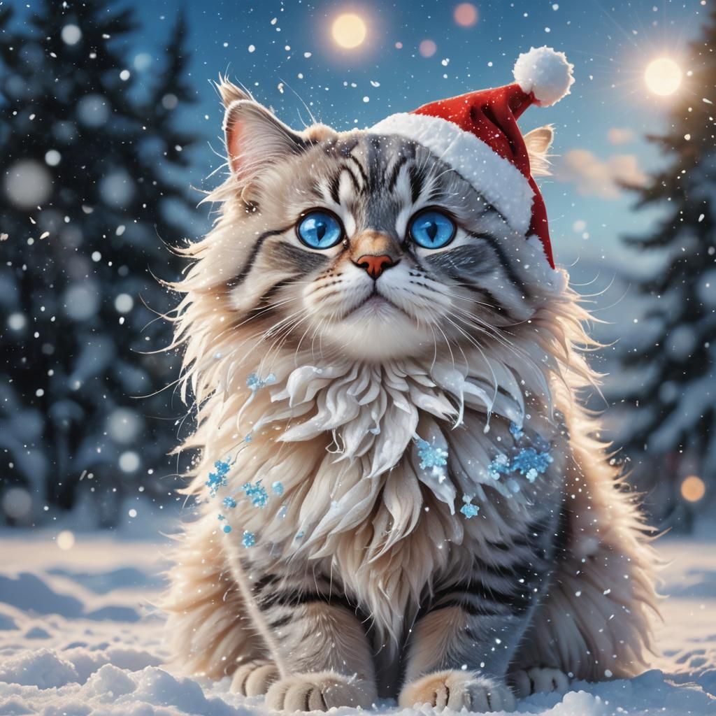 Cute Cat in Santa Hat with Blue Eyes