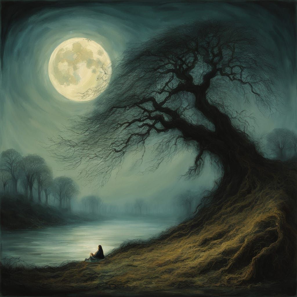 Ethereal Harpist Under Shadowy Willow Tree