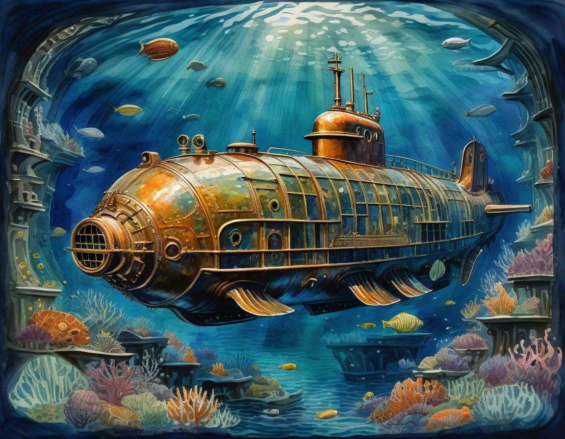 Nautilus Submarine in Gouache Impressionist Style