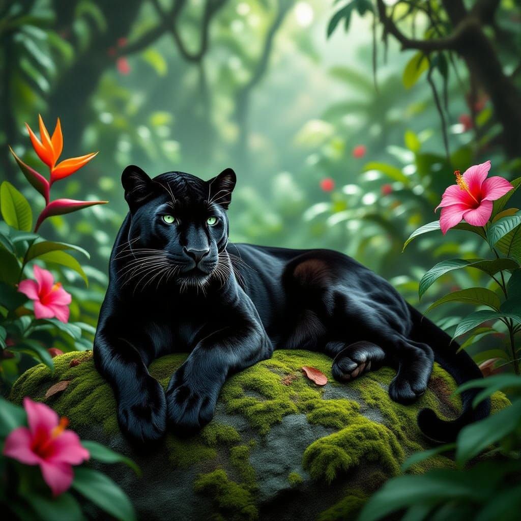 Majestic Black Panther in Enchanted Jungle Landscape