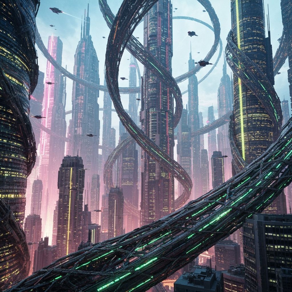 Cyberpunk Cityscape with Twisted Wire Skyscrapers