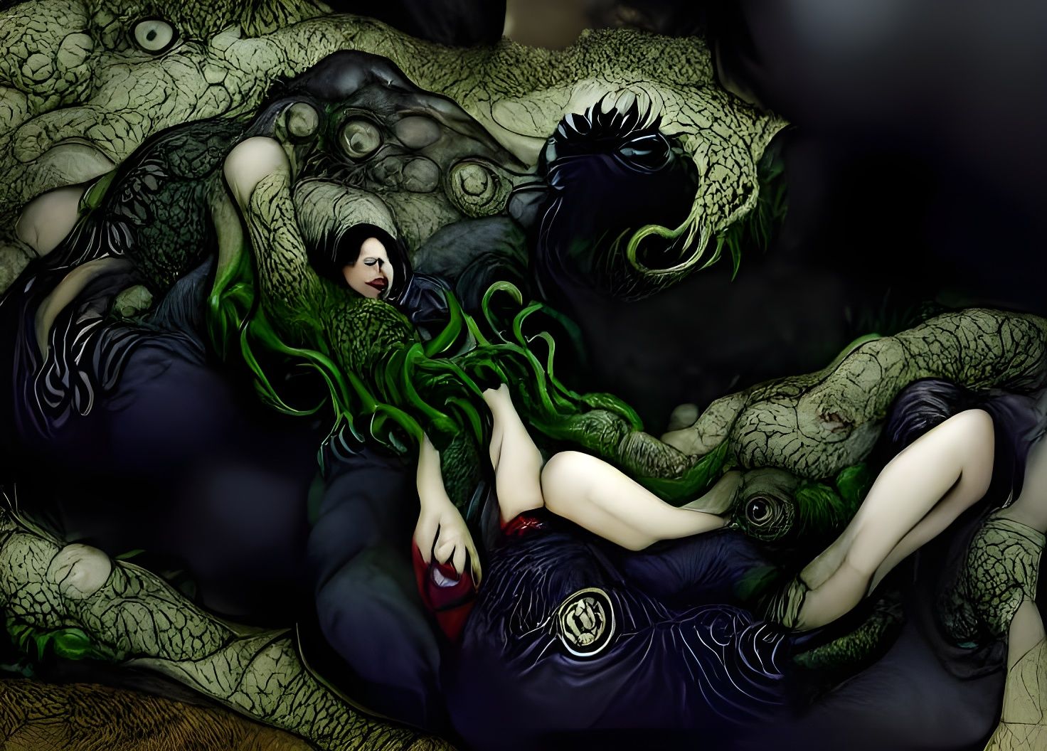 Lovecraftian Shoggoth with Woman in Dark Fantasy Style