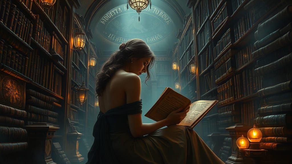 Mysterious Sorceress Unveils Ancient Tomes in a Haunting Lib...