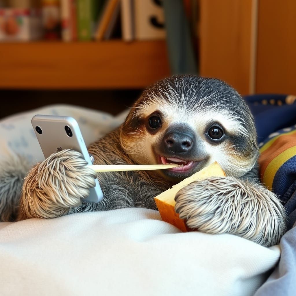 Lazy Sloth Watching TV and Snacking