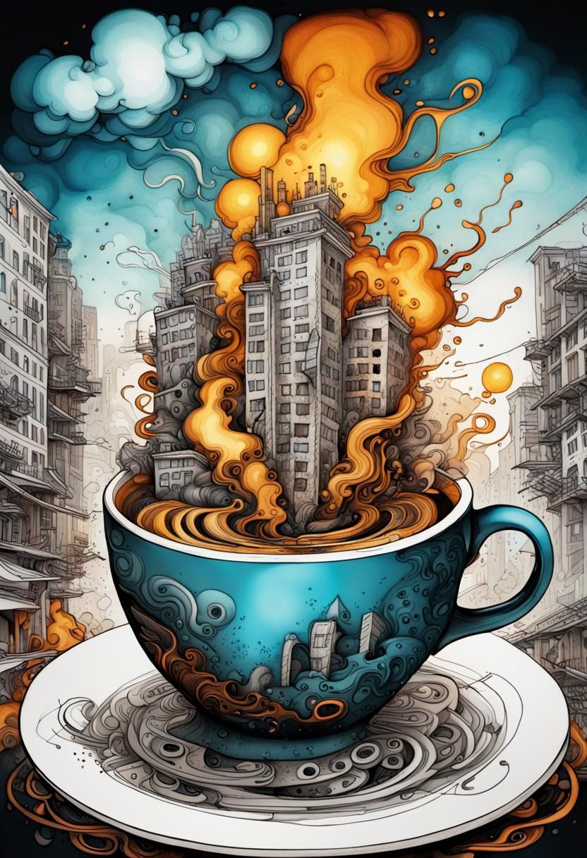 Surreal Cityscape Doodle in Whimsical, Dreamlike Urban Scene