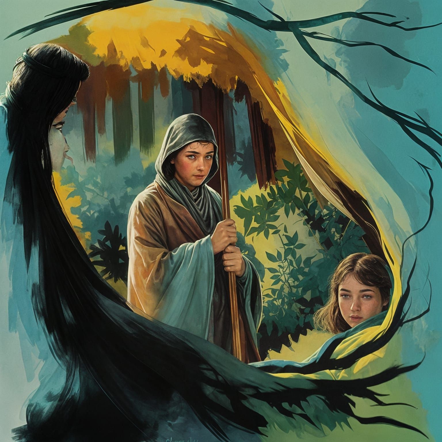 Serenely Standing Hero in Whimsical Forest Scene, Watercolor...