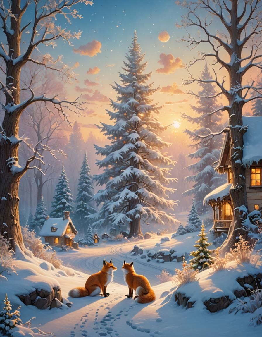 Snowman Hugs Fox and Rabbit in Winter Fantasy