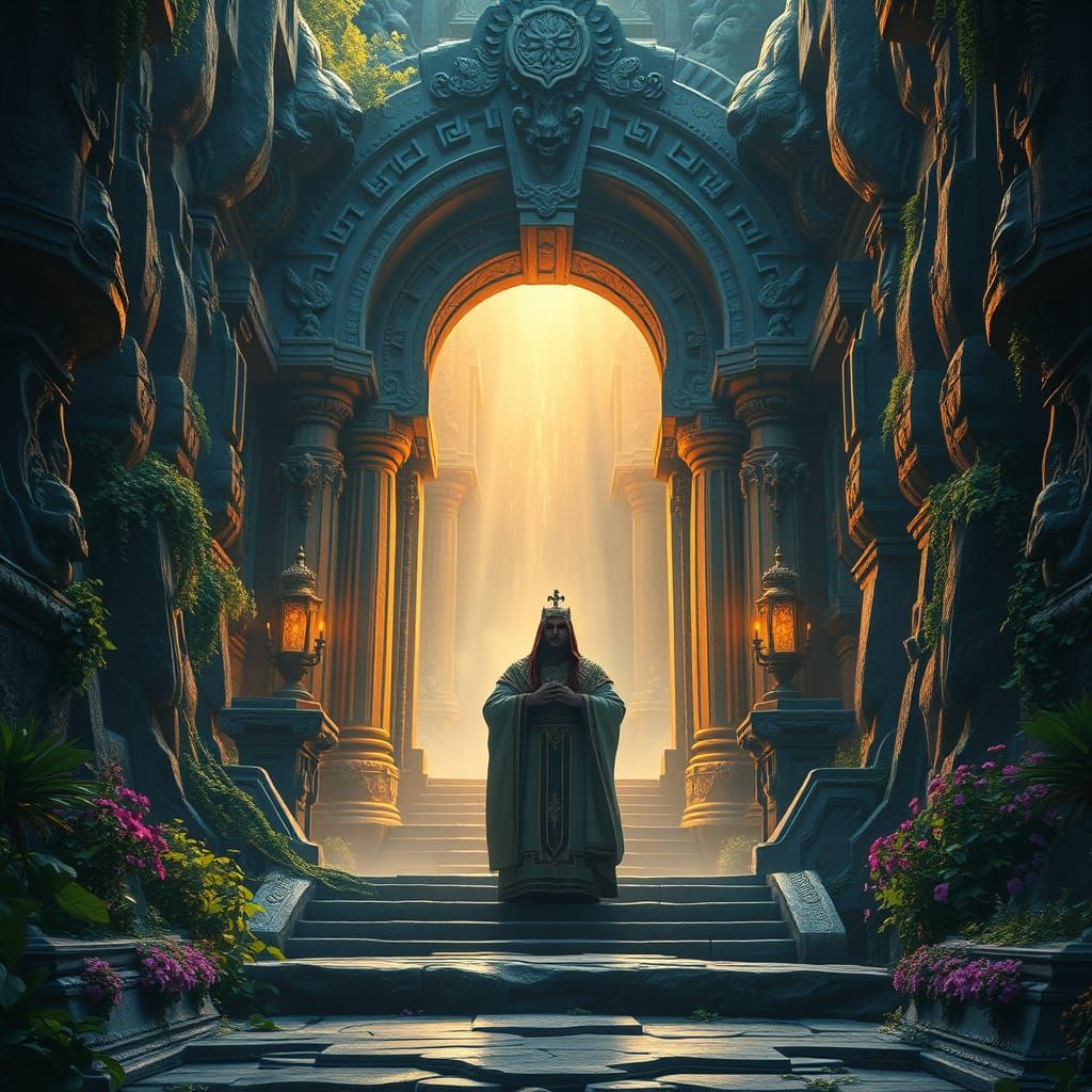Mystical High Priest in Ancient Temple Grand Entrance
