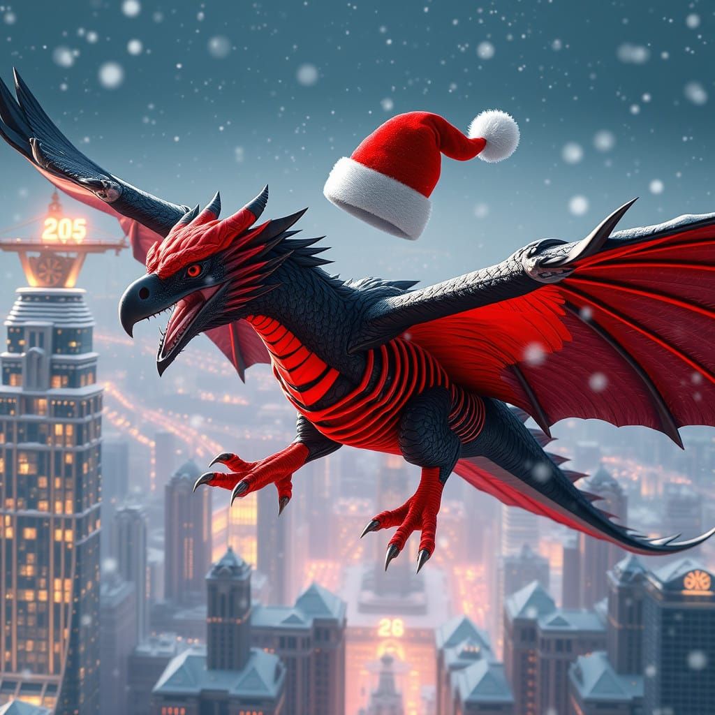 Regal Black Eagle-Dragon Hybrid Soars Through Snowy Skies wi...
