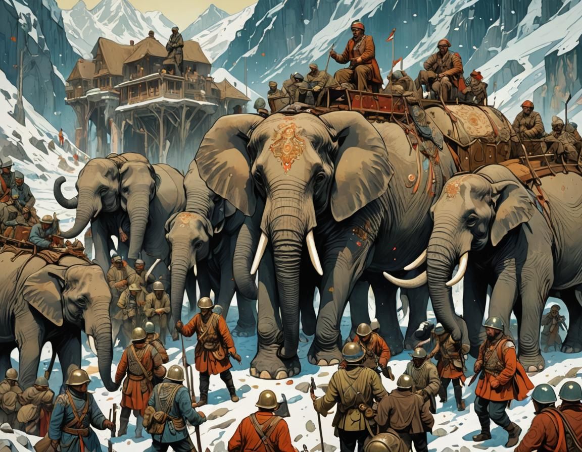 Hannibal and his soldiers in the Alps with North African war elephants