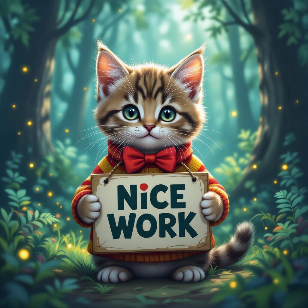 Cute Kitten Holds "Nice Work" Sign in Glimmering Forest
