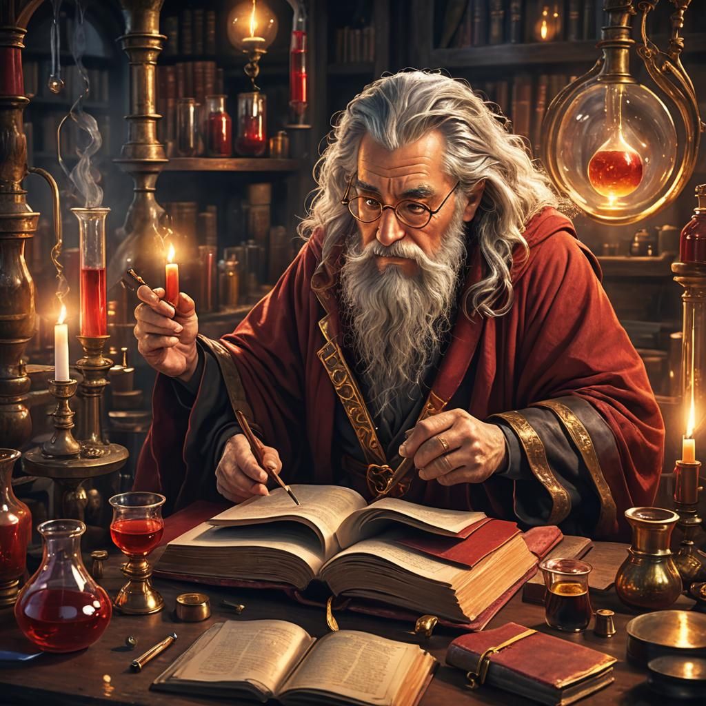 Fantasy Wizard Reading Book in Candlelight