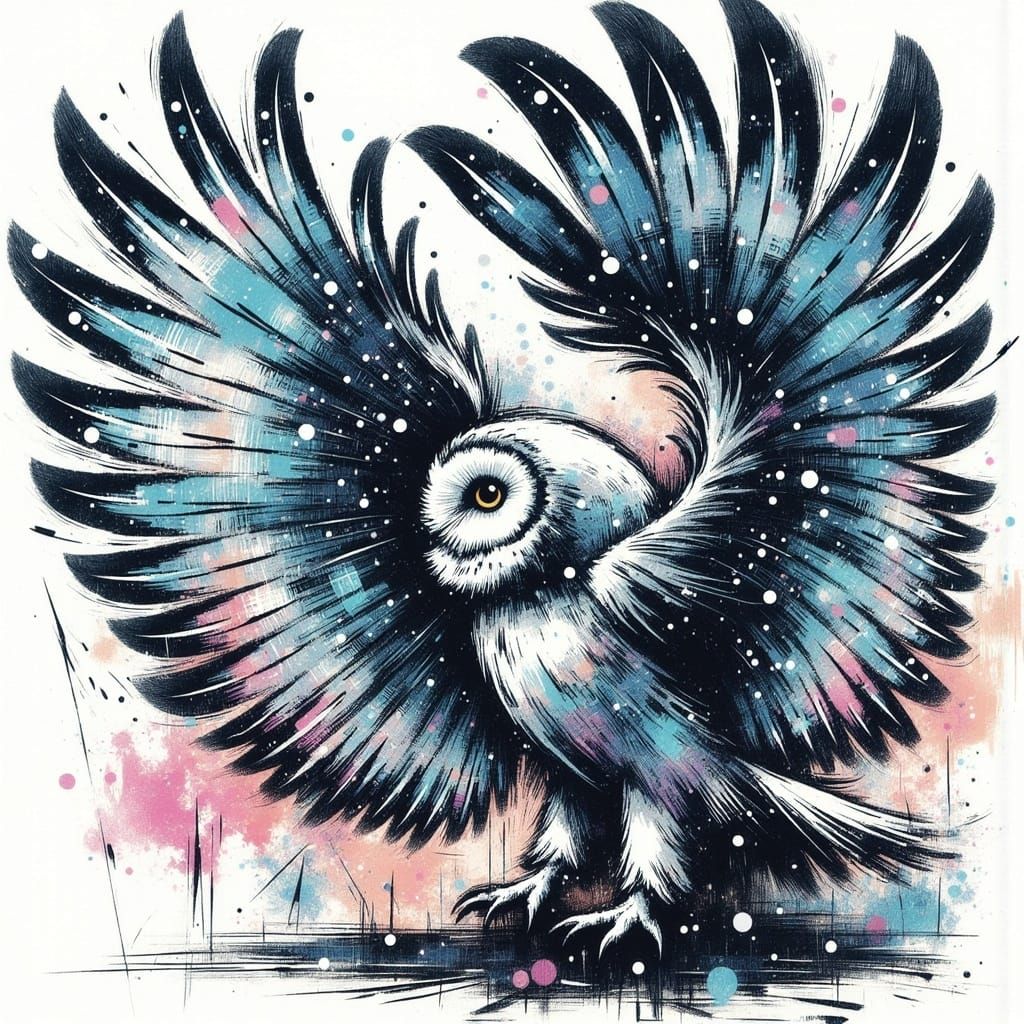 Swooping Snowy Owl in Wet Ink Aesthetic