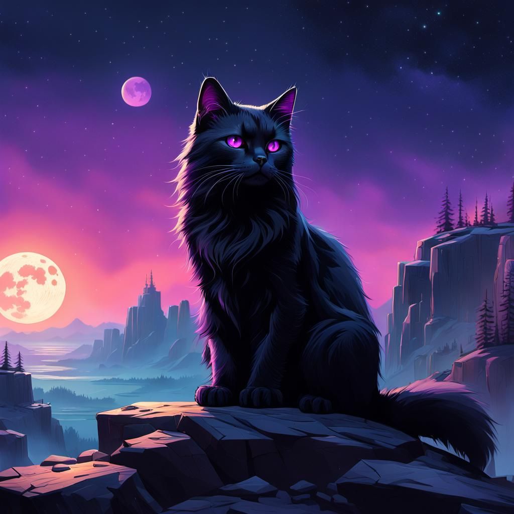 Black Cat Gazing at Moonlit Landscape