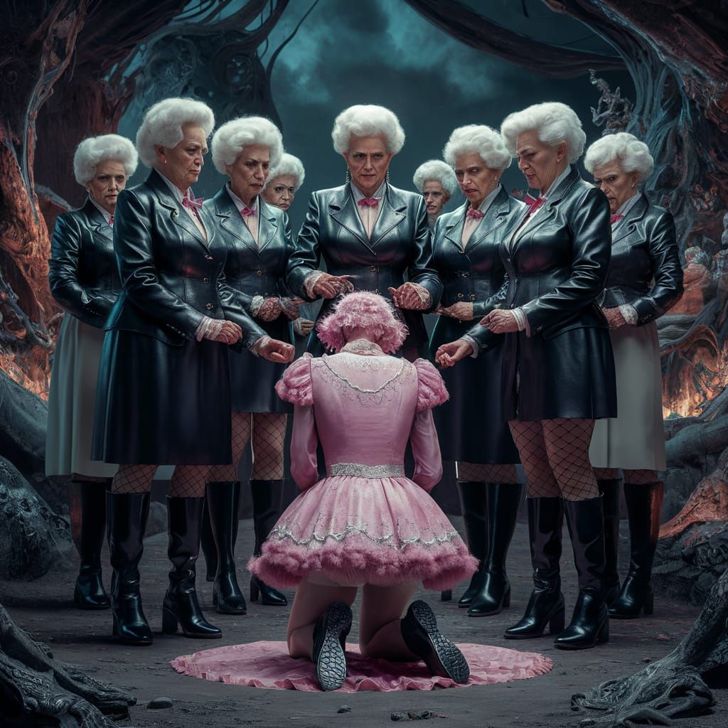 Elderly Women Dominate a Kneeling Figure in a Fantastical Di...