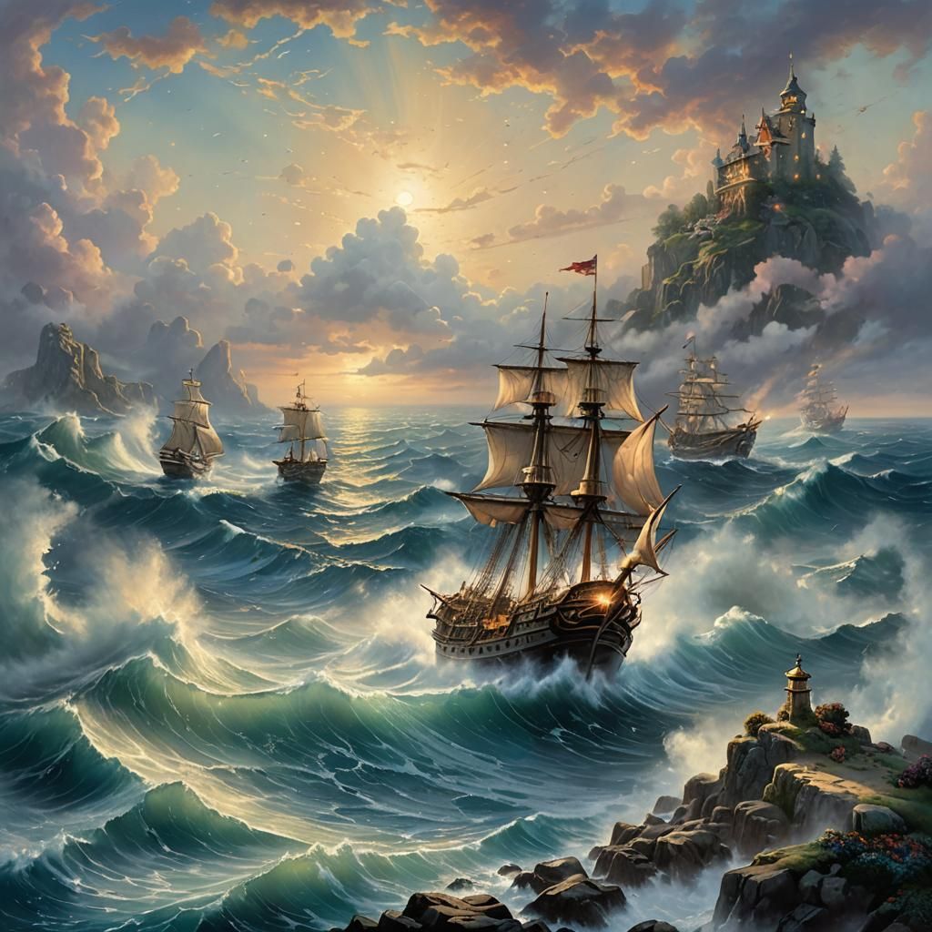 Ocean and Sky Battle in Ethereal Fantasy Style
