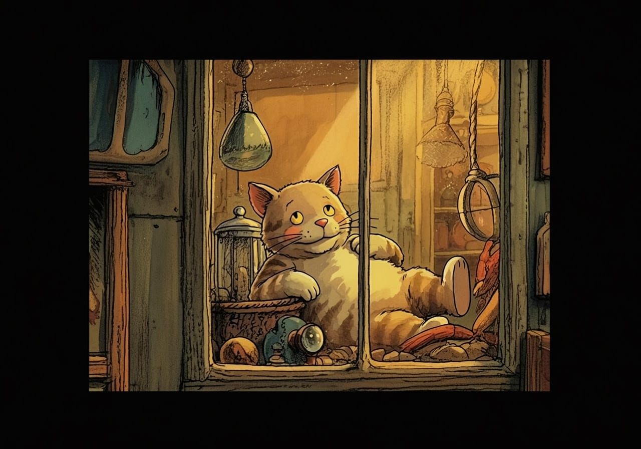 Vintage-Style Cat in a Rustic Shop Window