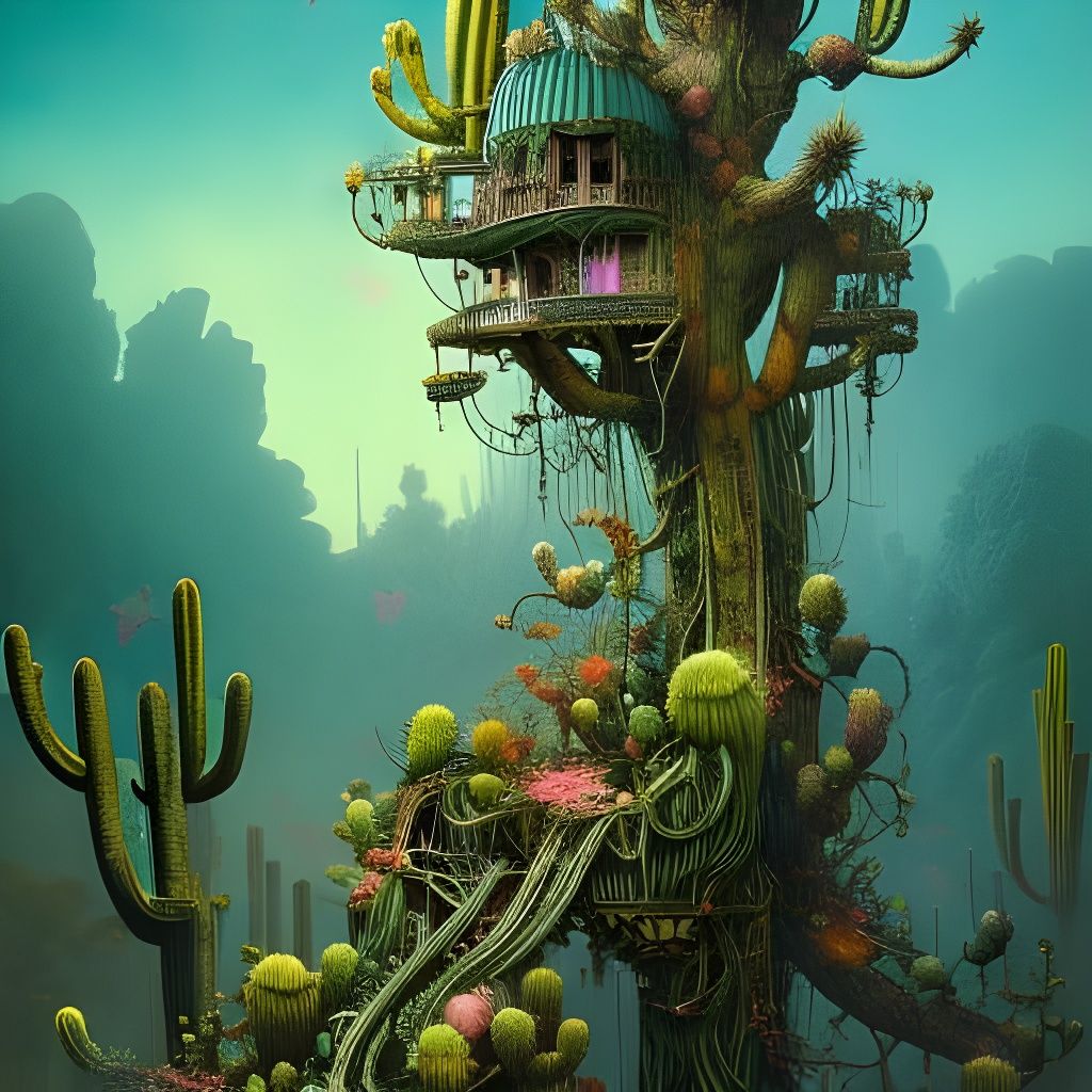 Detailed Cactus Treehouse Digital Painting