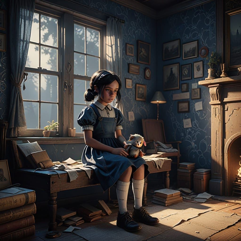 Gentle Girl in Faded Finery Holds Tattered Doll in Cozy, Dus...