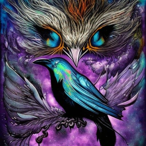 Iridescent Raven in Ink Maelstrom