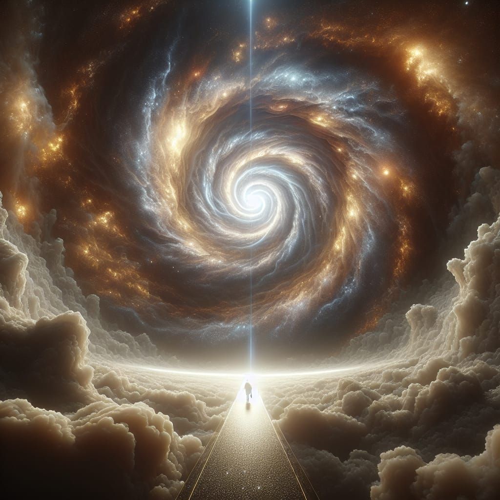 Cosmic Pathway to Swirling Galaxy with Lone Figure