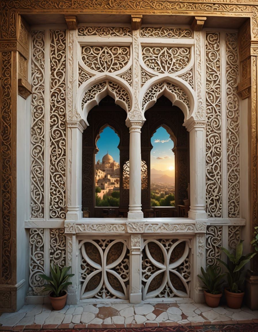 Majestic Alhambra-Style Window in Warm Golden Light