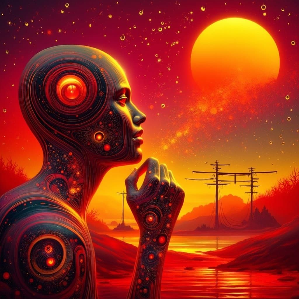 Woman by Lake in Dreamlike Surrealist Landscape