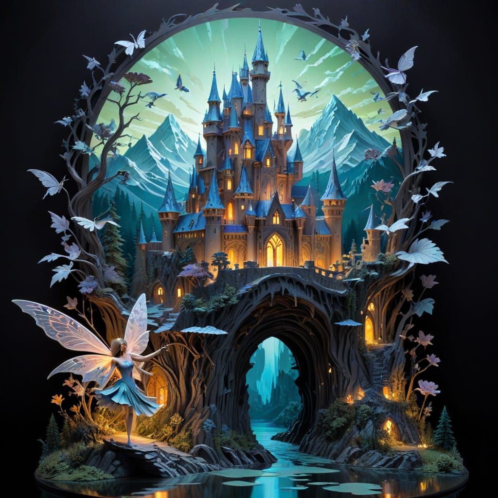 Fairy Castle Paper Sculpture in Art Nouveau Style