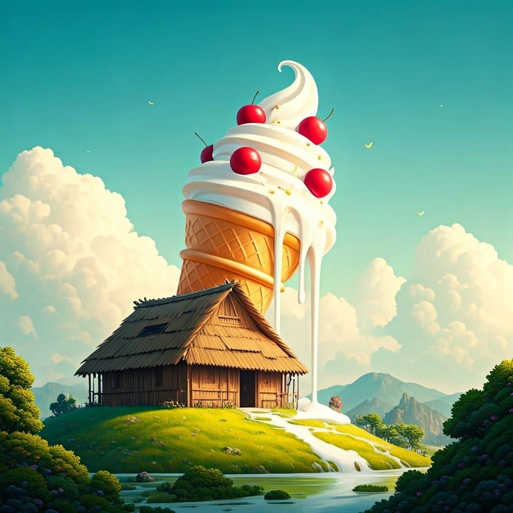 Giant Ice Cream Cone Melts in Surreal Landscape