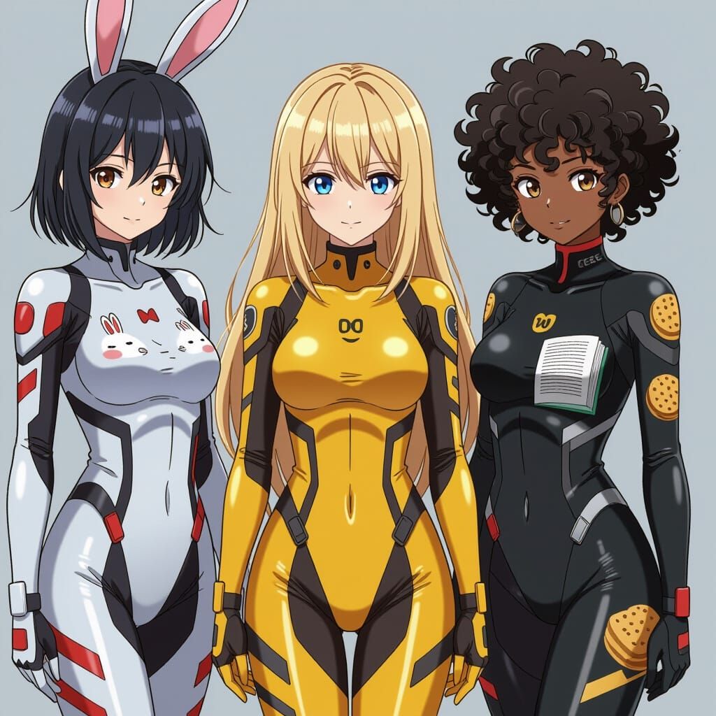 Anime Women in Futuristic Bodysuits with Unique Prints